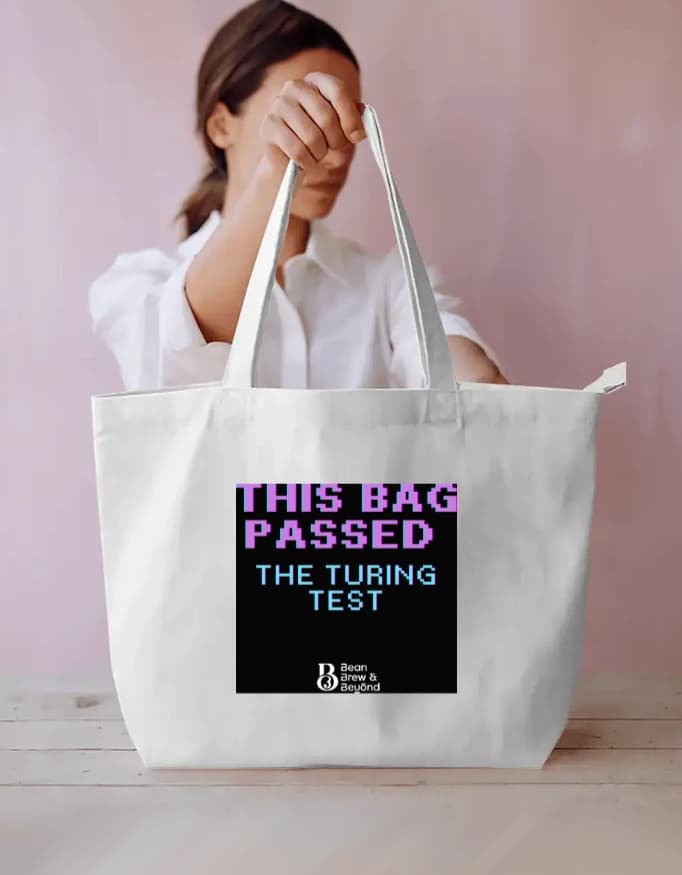 This Bag Passed the Turing Test, tote bag in White, back view