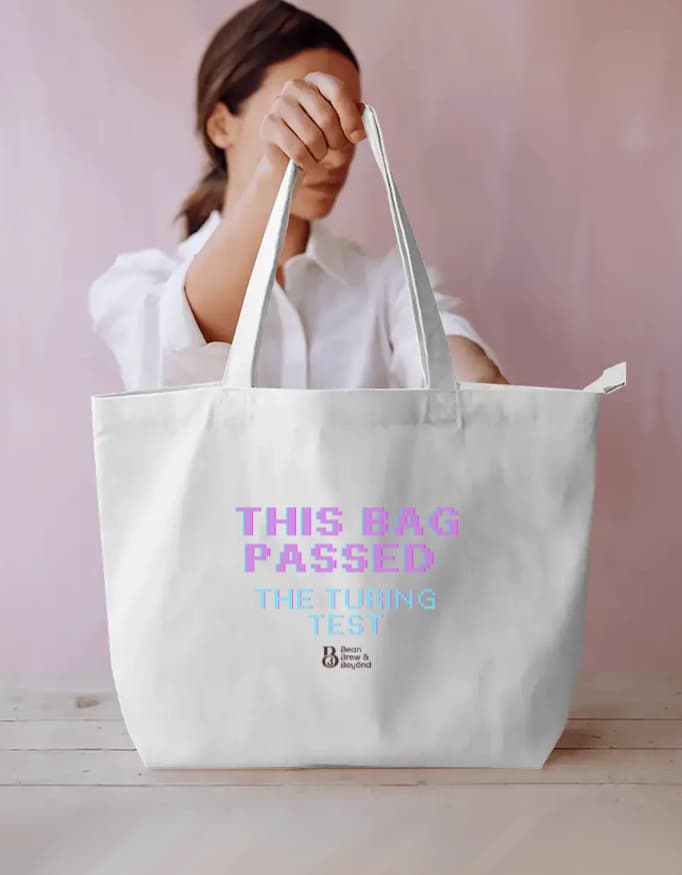 This Bag Passed the Turing Test, tote bag in White, front view