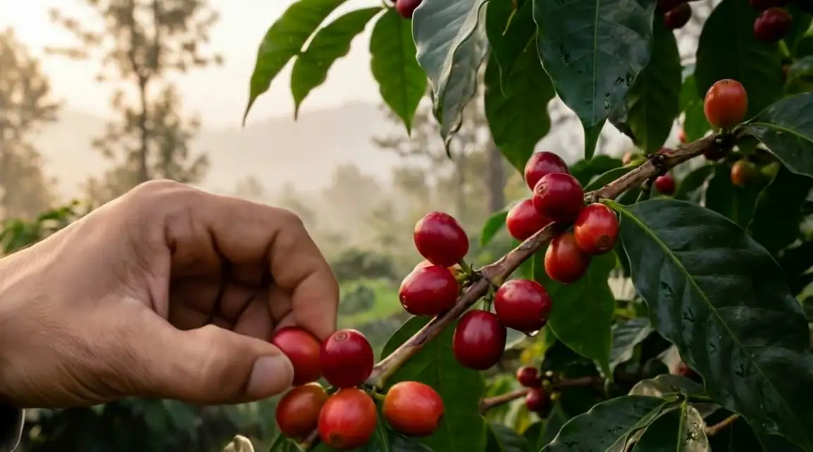 A hand picking ripe red coffee cherries
