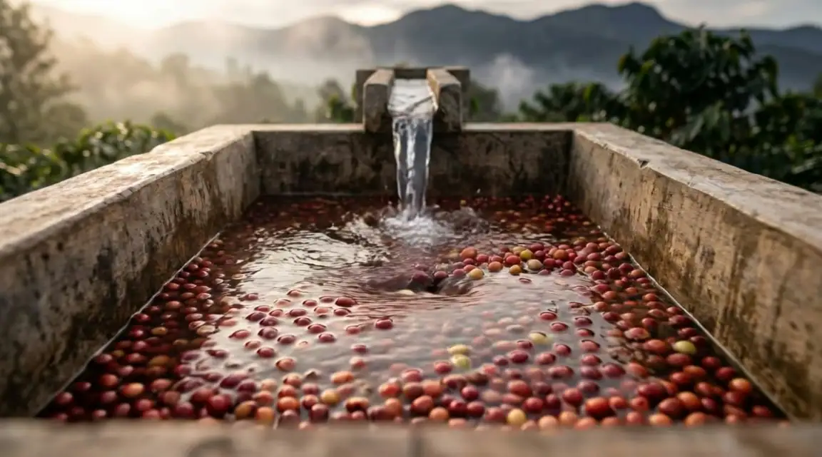 Coffee cherries in a stone washing tank