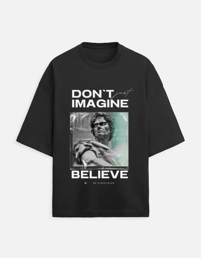 Don't Just Imagine, Believe oversized terry tee in Black, front