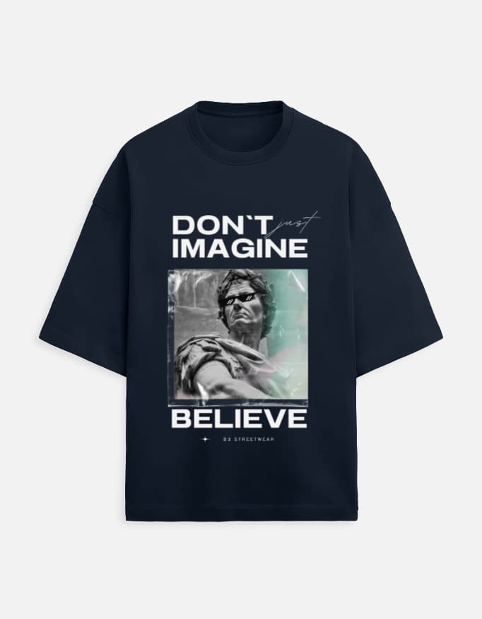 Don't Just Imagine, Believe oversized terry tee in Navy Blue, front