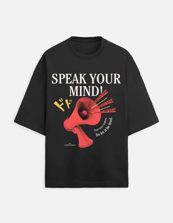 Speak Your Mind oversized terry tee in Black, front