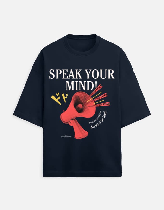 Speak Your Mind oversized terry tee in Navy Blue, front