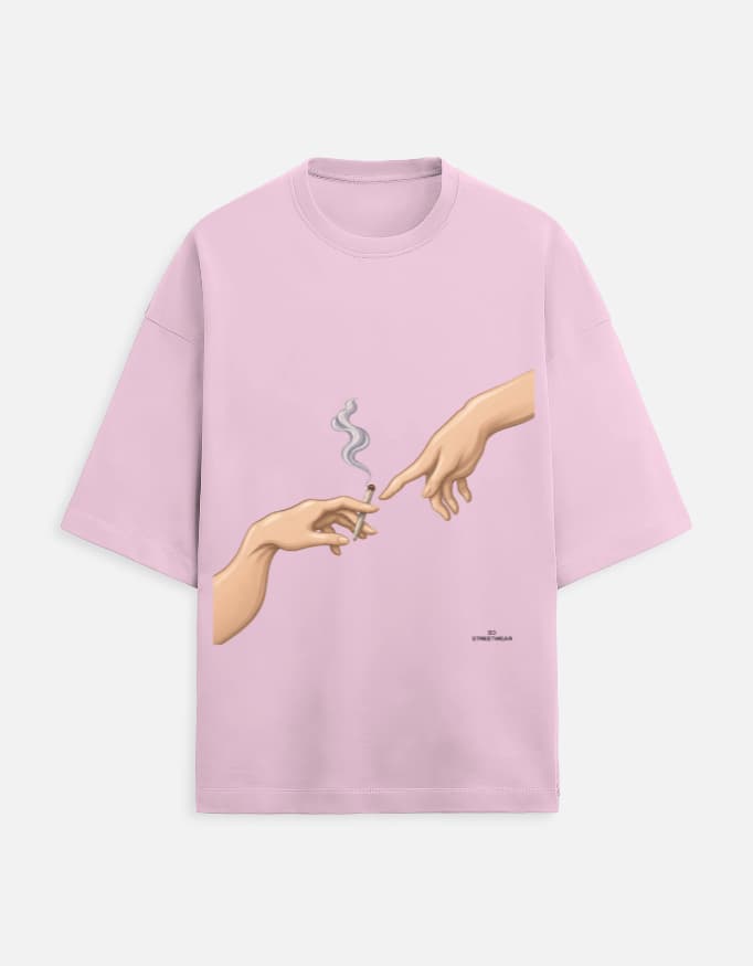 The Creation of Adam oversized terry tee in Light Baby Pink, front