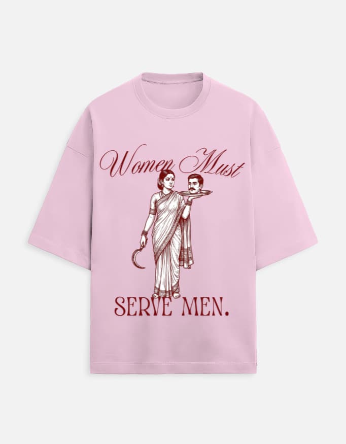 Women Must Serve Men oversized terry tee in Light Baby Pink, front
